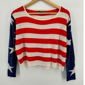 American‎ Flag Cropped Patriotic Sweater Long Sleeve Lightweight Crew Neck Top